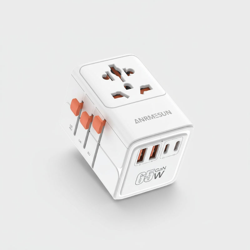 ANRMESUN 65W GaN international travel adapter with multiple plug types on a white background