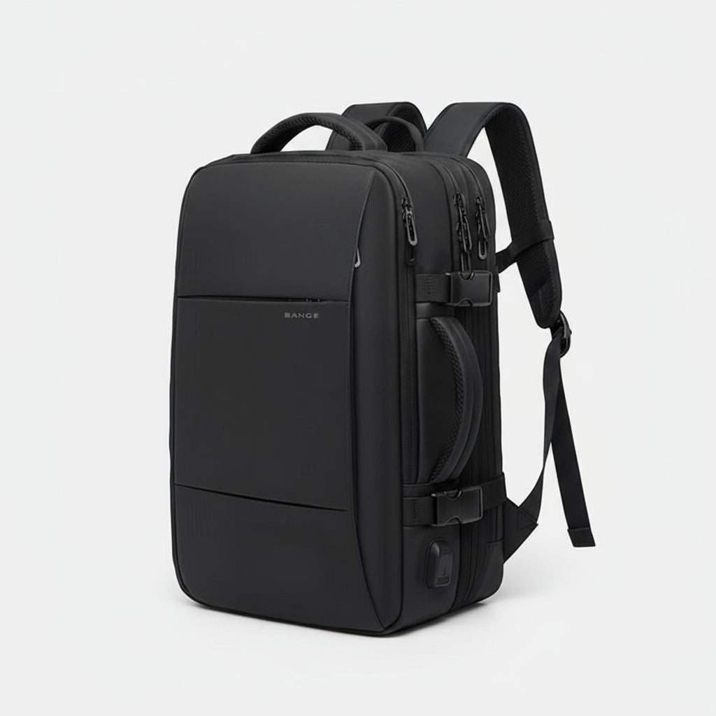 45l Black backpack with dimensions and capacity label on a white background