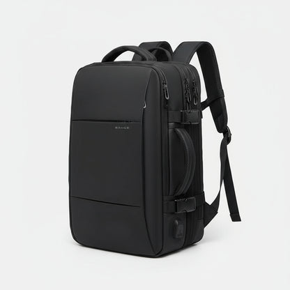 45l Black backpack with dimensions and capacity label on a white background