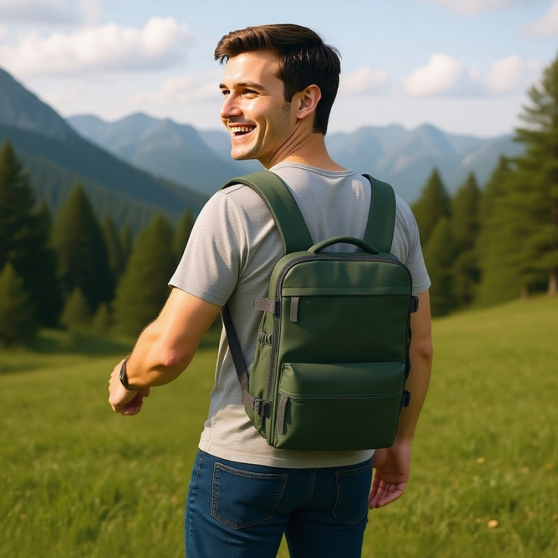 man carrying green backpack with a landscape background