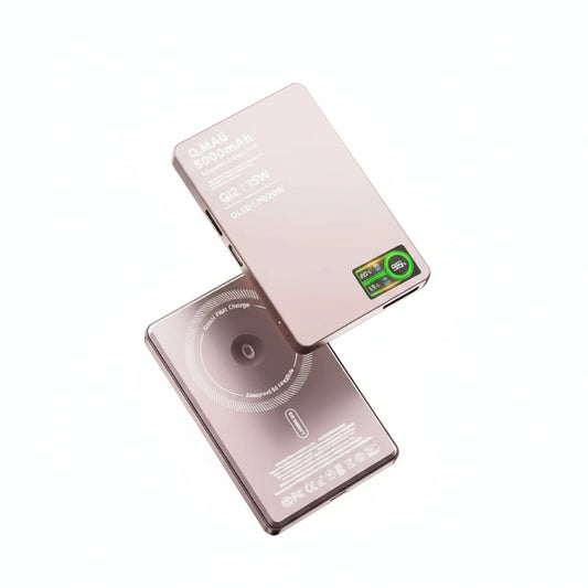 Pink 3-in-1 Magnetic Power Bank with specifications on a white background