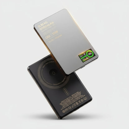 Silvery 3-in-1 Magnetic Power Bank with specifications on a white background