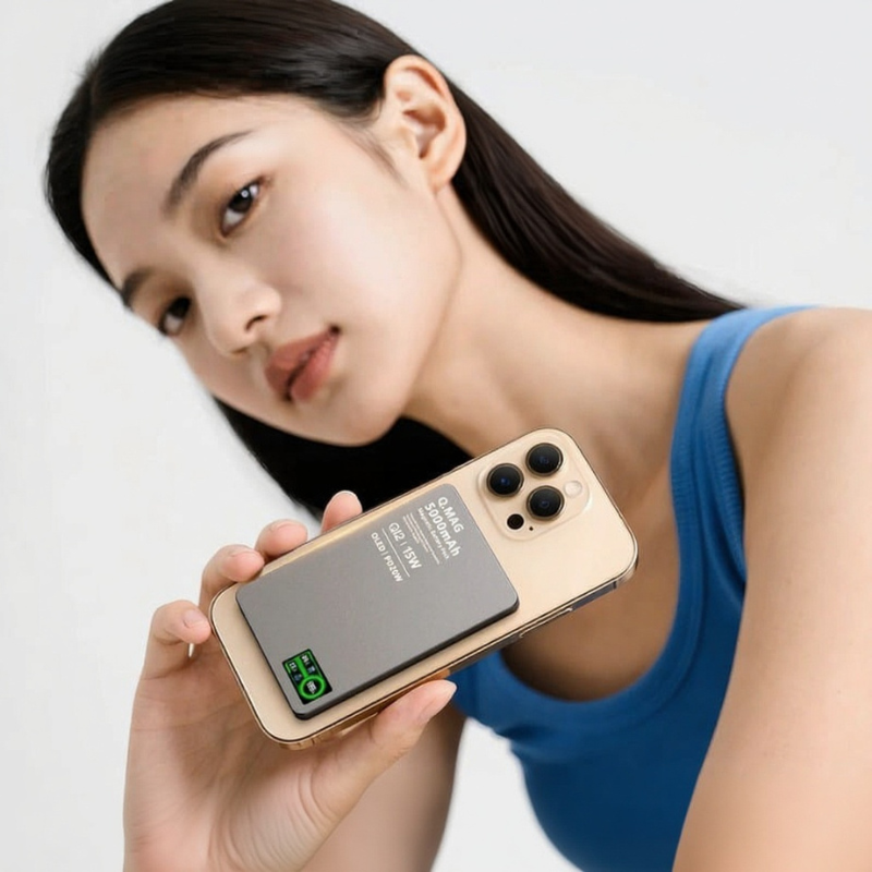 Woman holding a smartphone with a white background